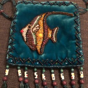 Teal Velvet Purse with Beaded Fish